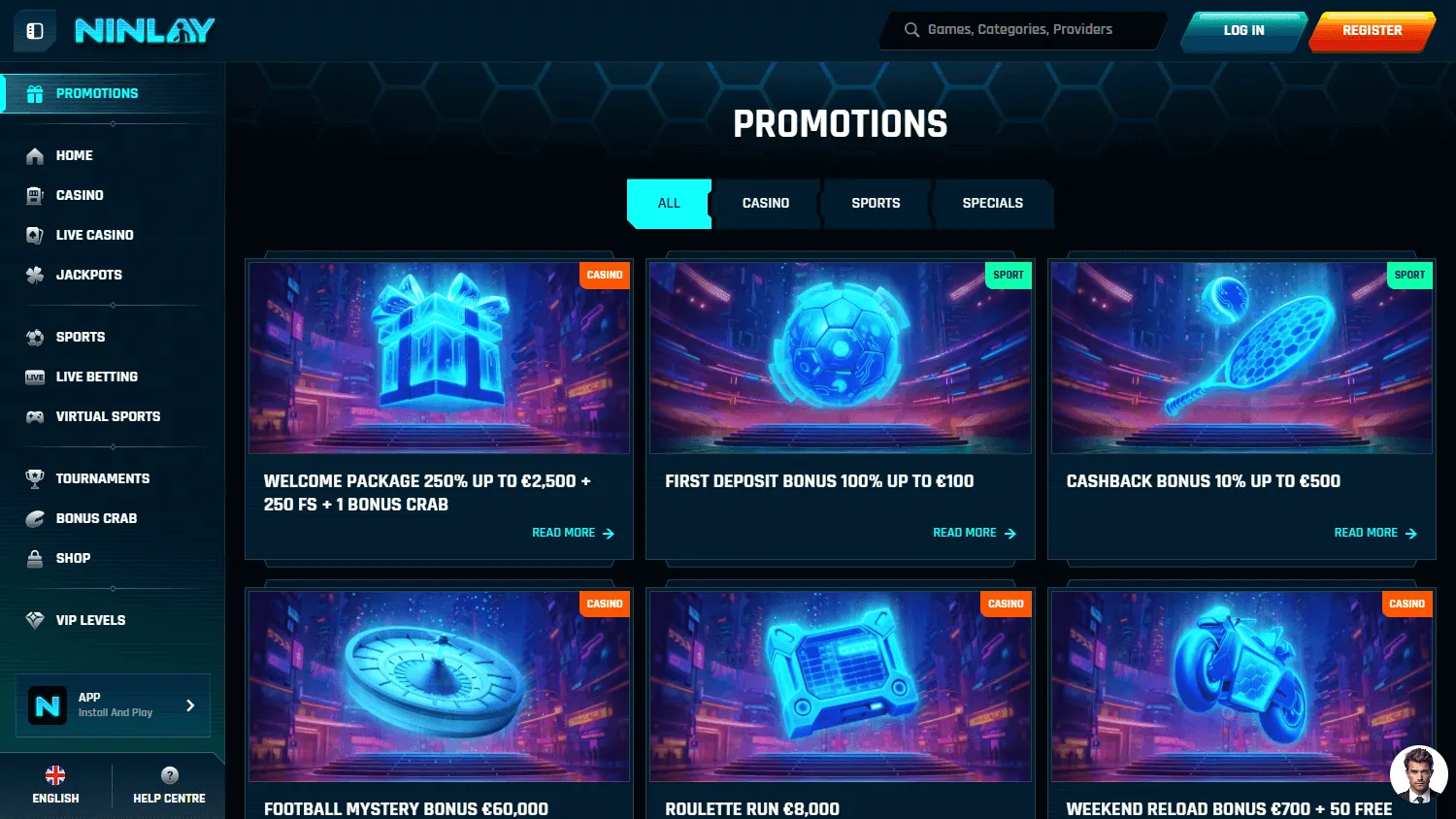 Ninlay Casino desktop promotions view